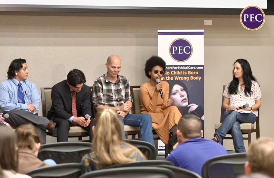 Pamela Garfield-Jaeger on a panel for Parents for Ethical Care, speaking into a microphone alongside four other panelists