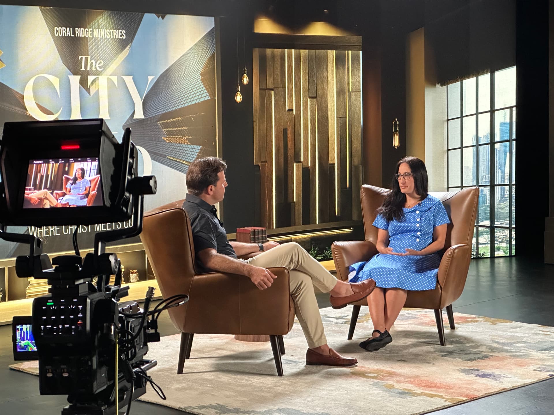 Pamela Garfield-Jaeger being interviewed on the set of Coral Ridge Ministries' The City program