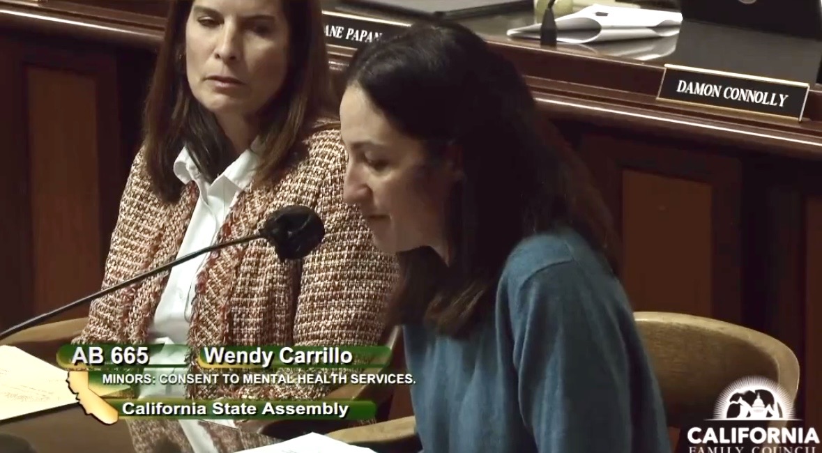 Pamela Garfield-Jaeger testifying against California AB665 in defense of parental rights